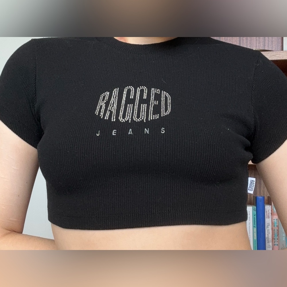 The Ragged Priest Ribbed Rhinestoned Black Crop Top